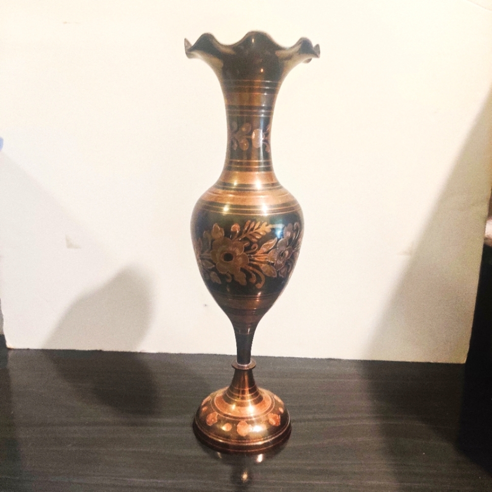 Vintage Brass Indian Vase Black And Gold Etched Metal Floral 14" X 4.5" 80's